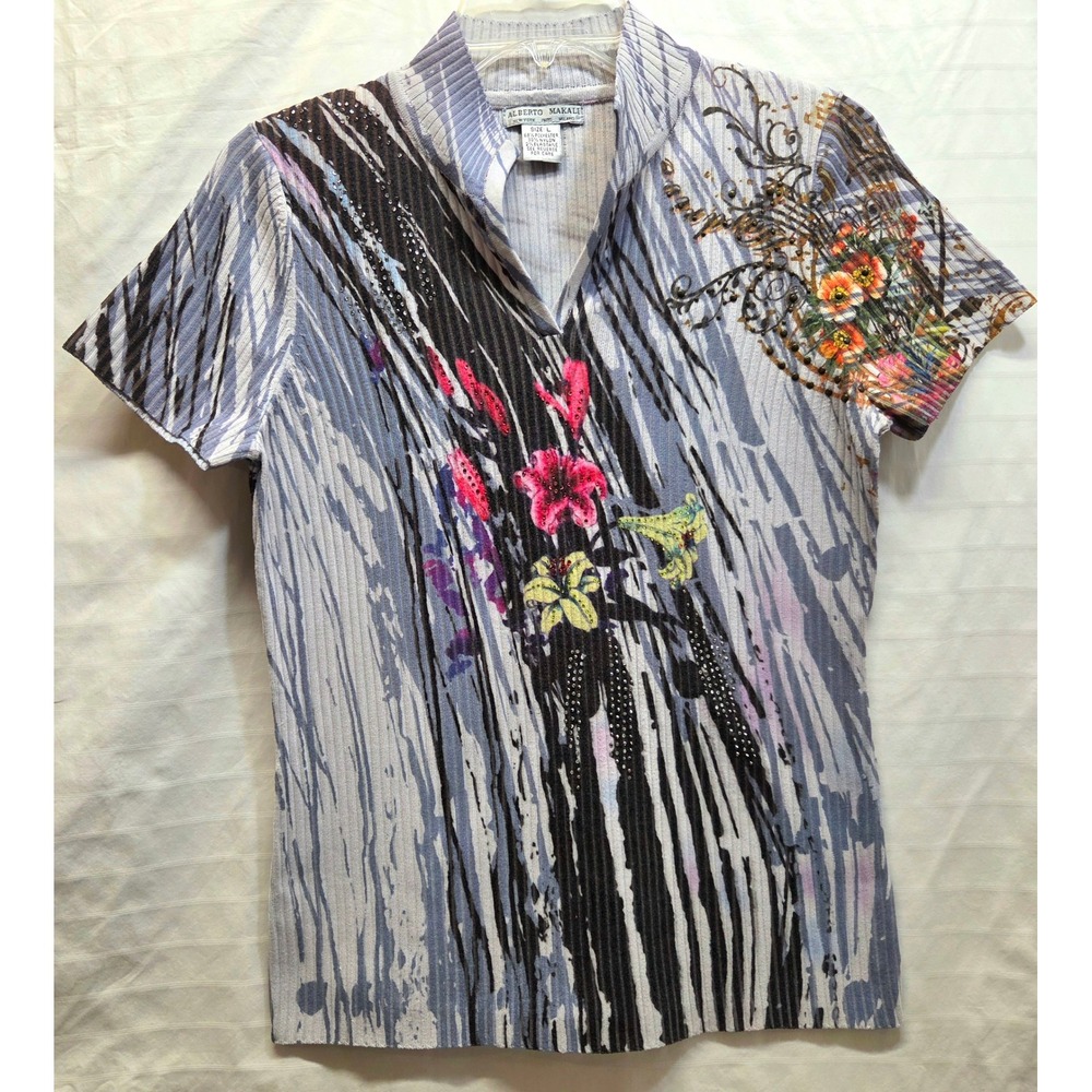 Alberto Makali Womens Large Ribbed Knit Floral Rhinestone Top Gray Black Pink